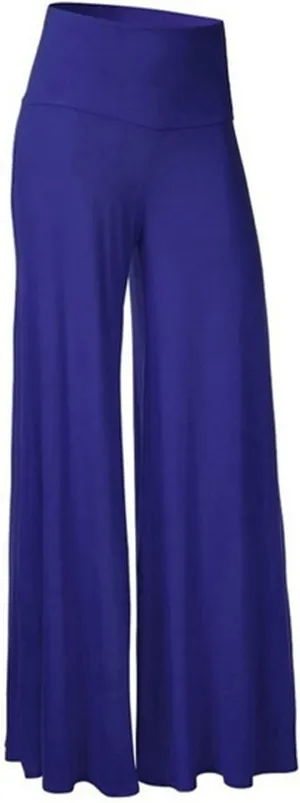 YOLAI High Waist Wide Leg Pants for Women Loose Solid Color Comfy Stretch Trousers Yoga Palazzo Exercise Pants (Blue, L)