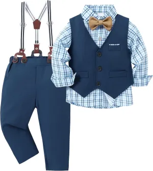 ZOEREA Boys Formal Suit Kid Clothes Gentleman Wedding Prom Outfit Long Sleeves Shirt Bowtie Vest Suspender Pants 6-10T