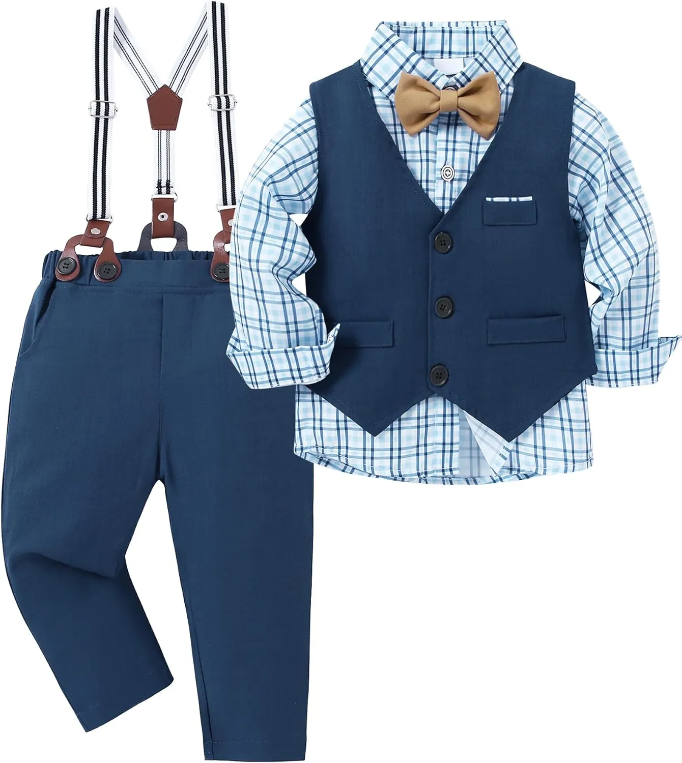 ZOEREA Boys Formal Suit Kid Clothes Gentleman Wedding Prom Outfit Long Sleeves Shirt Bowtie Vest Suspender Pants 6-10T