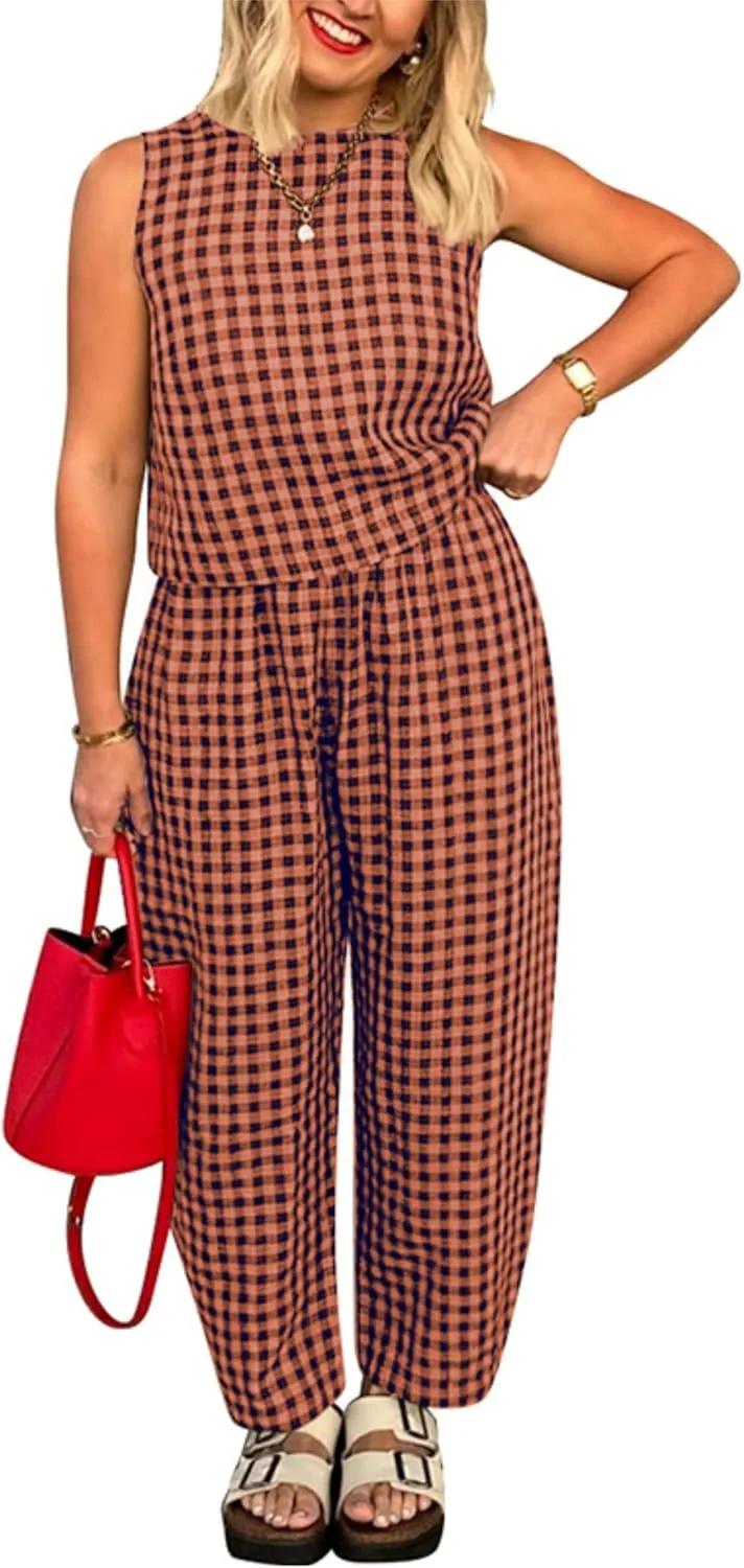 Zontroldy Women's Summer Casual Two Piece Outfits Gingham Crop Tank Tops with Long Pants Tracksuits