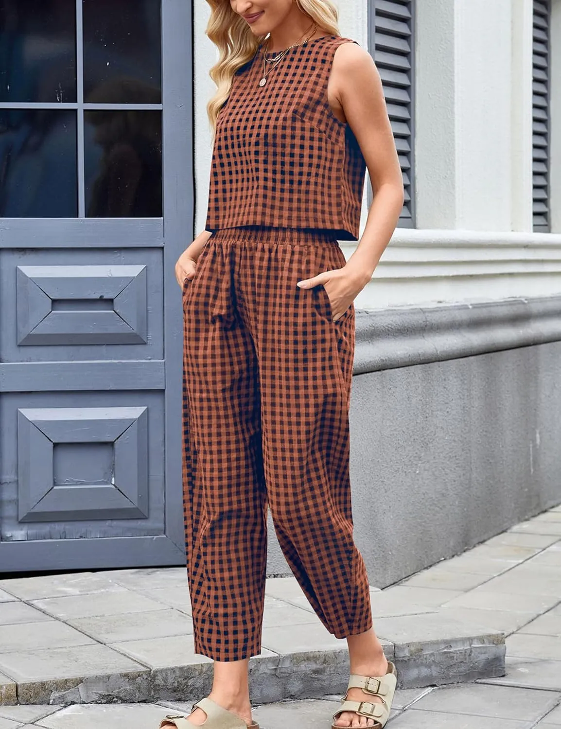 Zontroldy Women's Summer Casual Two Piece Outfits Gingham Crop Tank Tops with Long Pants Tracksuits
