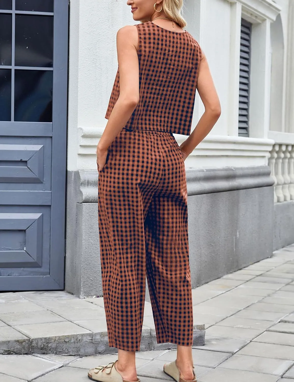 Zontroldy Women's Summer Casual Two Piece Outfits Gingham Crop Tank Tops with Long Pants Tracksuits