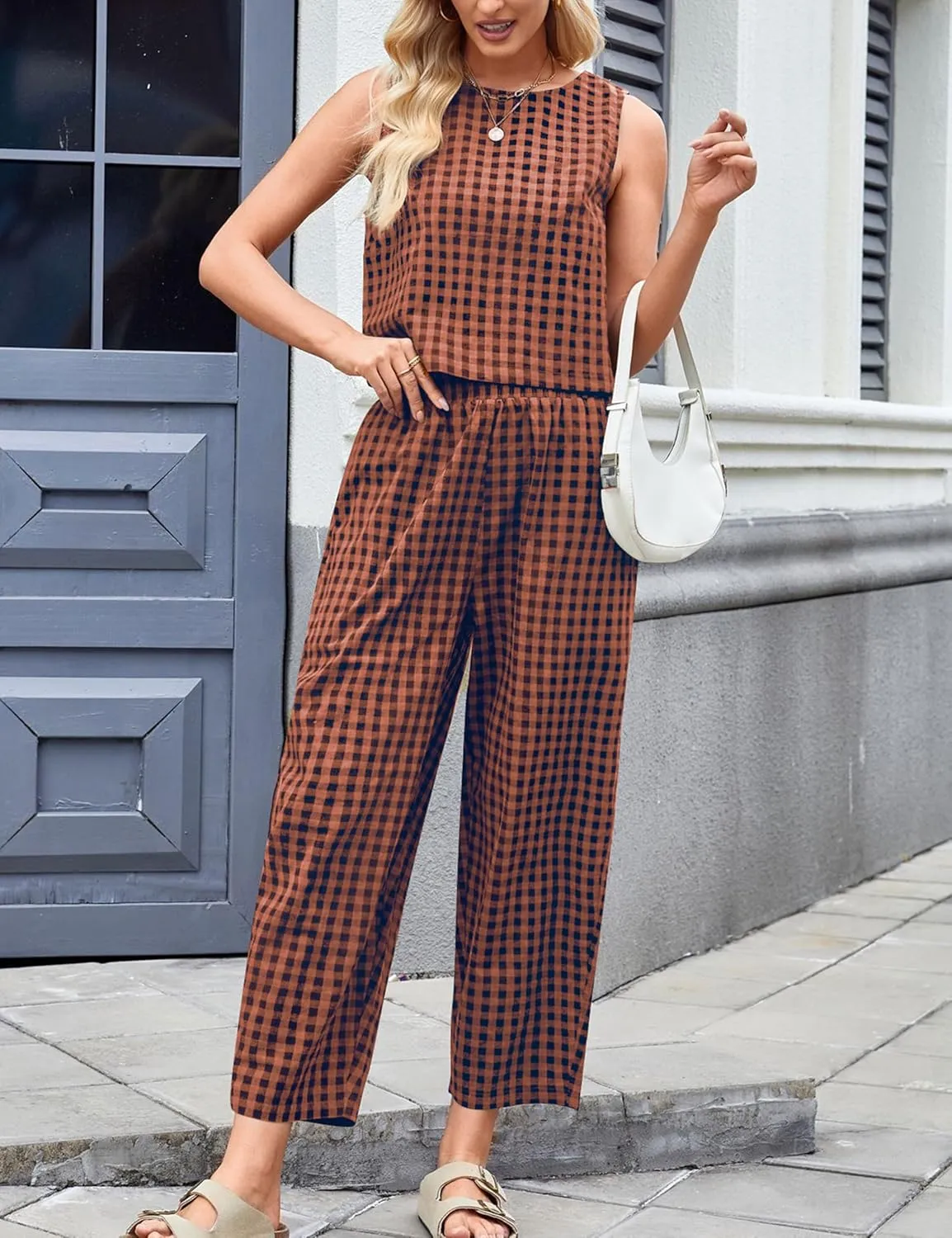 Zontroldy Women's Summer Casual Two Piece Outfits Gingham Crop Tank Tops with Long Pants Tracksuits