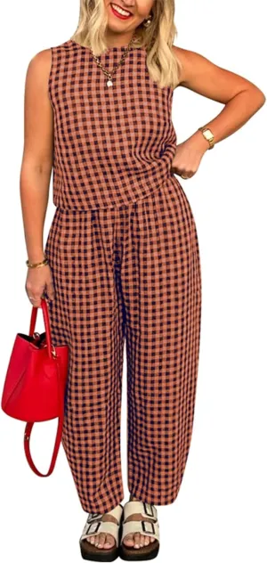 Zontroldy Women's Summer Casual Two Piece Outfits Gingham Crop Tank Tops with Long Pants Tracksuits