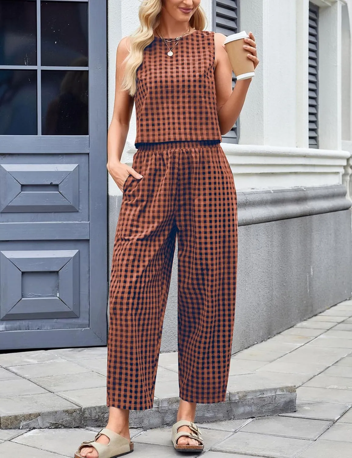 Zontroldy Women's Summer Casual Two Piece Outfits Gingham Crop Tank Tops with Long Pants Tracksuits